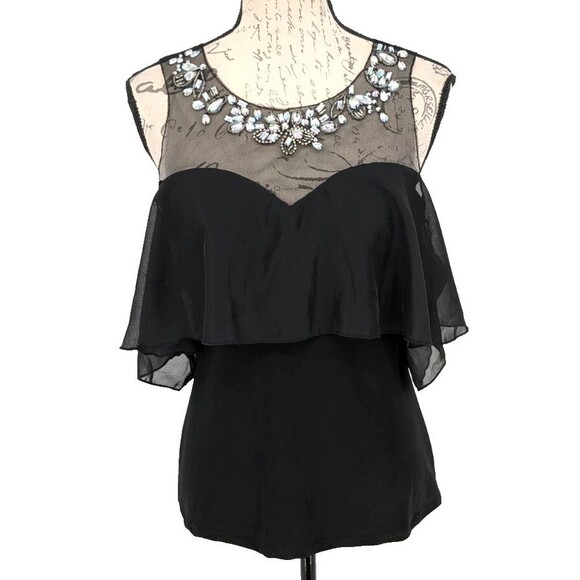 Minerva Evening Blouse Top Med Black Sheer Embellished Layered - Picture 1 of 9